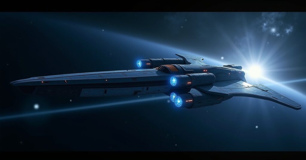 Blue-hulled Andorian battleship drifting through deep space, Star Trek Fleet Command key art style.