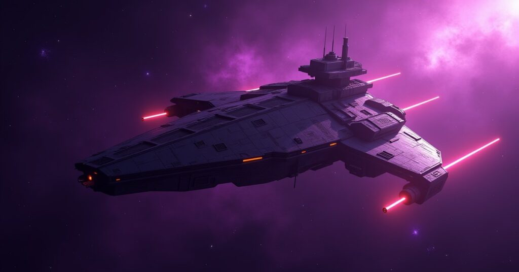 Son'a pirate warship drifting through a dark nebula in Star Trek Fleet Command key-art style