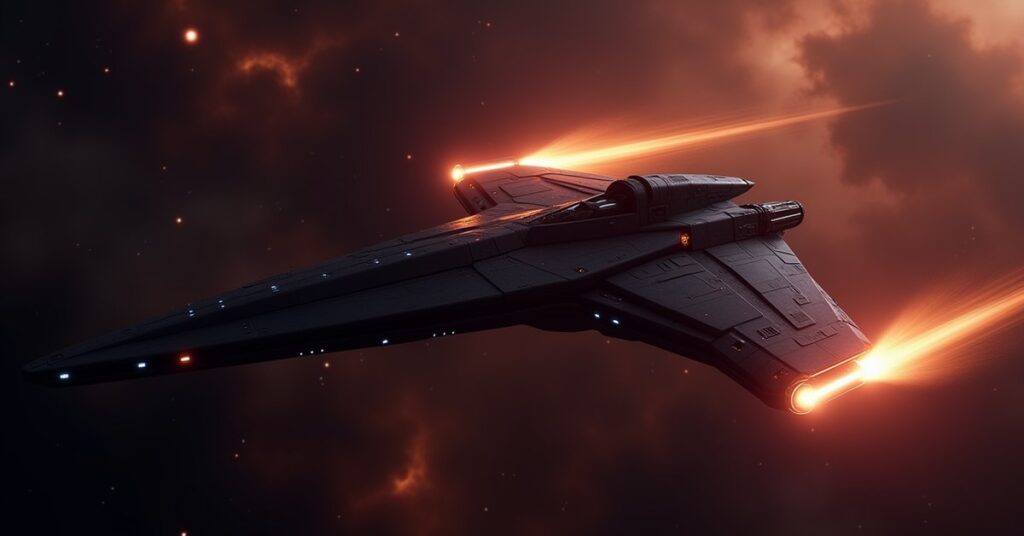 Lost Unknown Alien Interceptor hostile firing at an Explorer ship in deep space, STFC key-art style