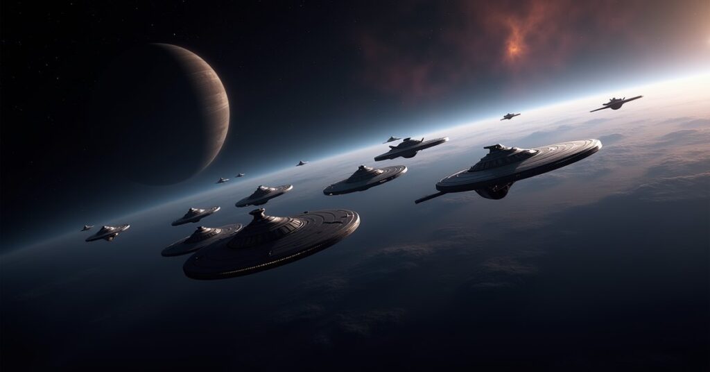 Lower Decks Arc in Star Trek Fleet Command: a fleet forming up above a ringed world.