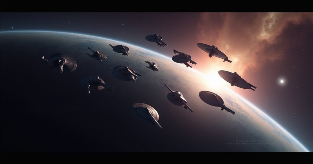 Main Storyline Missions in Star Trek Fleet Command: a fleet forming up above a ringed world.