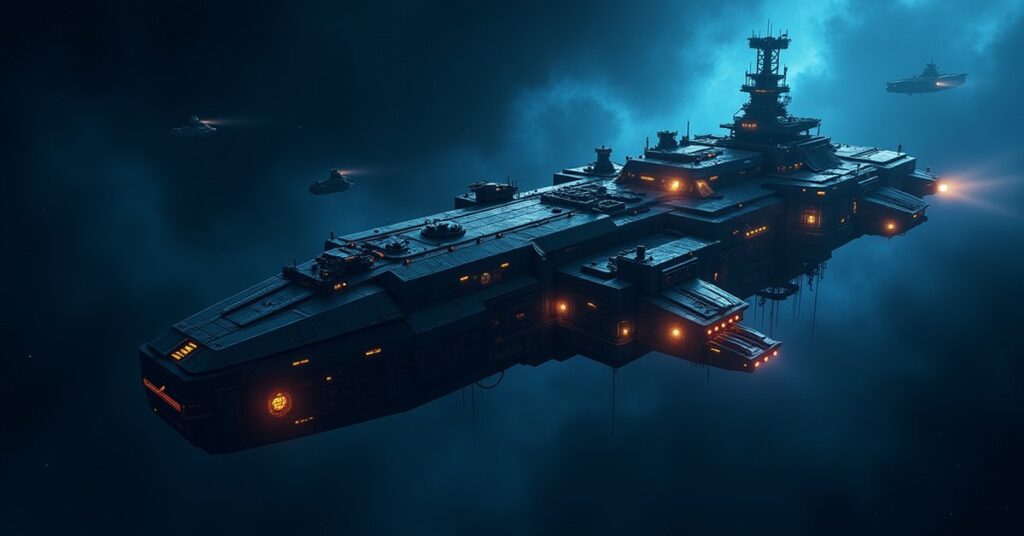 A neutral pirate armada station bristling with weapons in deep space, the Marauder Haven from Star Trek Fleet Command.