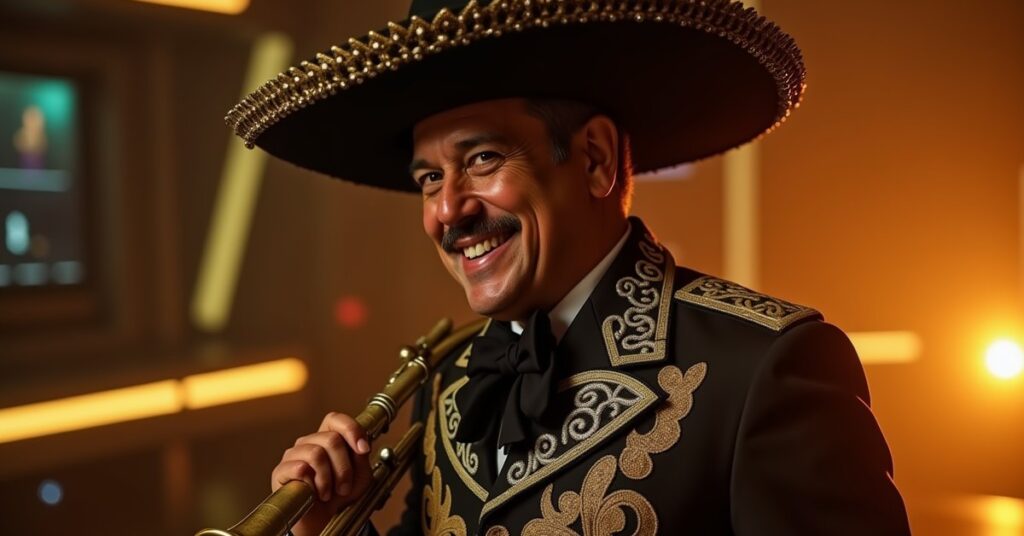 Officer card art of Mariachi Q in an ornate mariachi suit holding a trumpet on the bridge of a Federation starship.