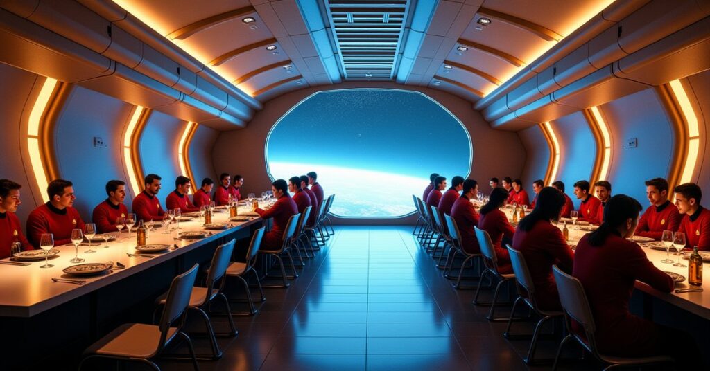Star Trek Fleet Command Mess Hall building on a starbase, crew gathered around dining tables under warm lighting.