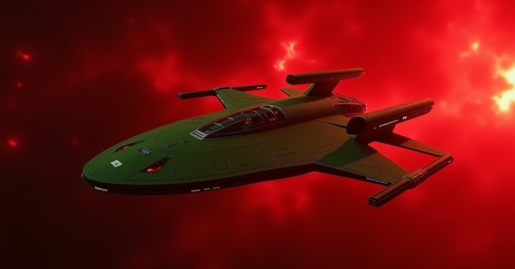 Romulan Minerva Explorer ship cloaking beside a red radiation nebula in Star Trek Fleet Command key art END