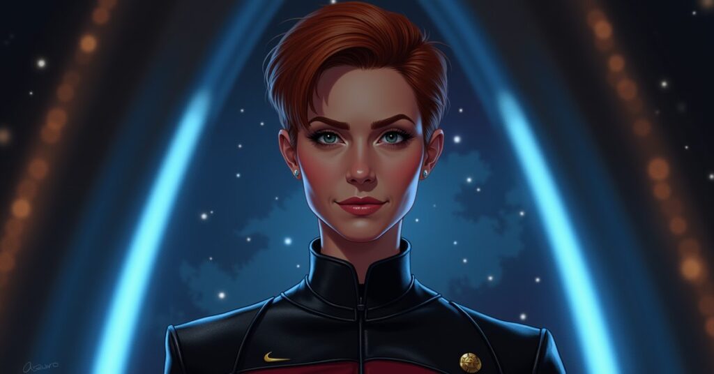 Mirror Kira in a Klingon-Cardassian Alliance command uniform with blue Apex Barrier light around her ship.