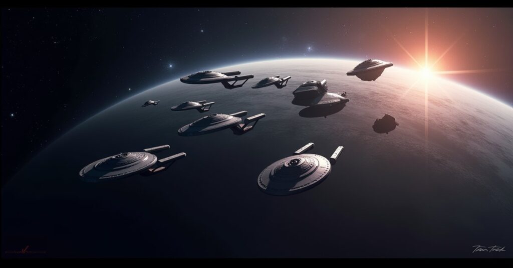 Mirror Mirror Arc in Star Trek Fleet Command: a fleet forming up above a ringed world.