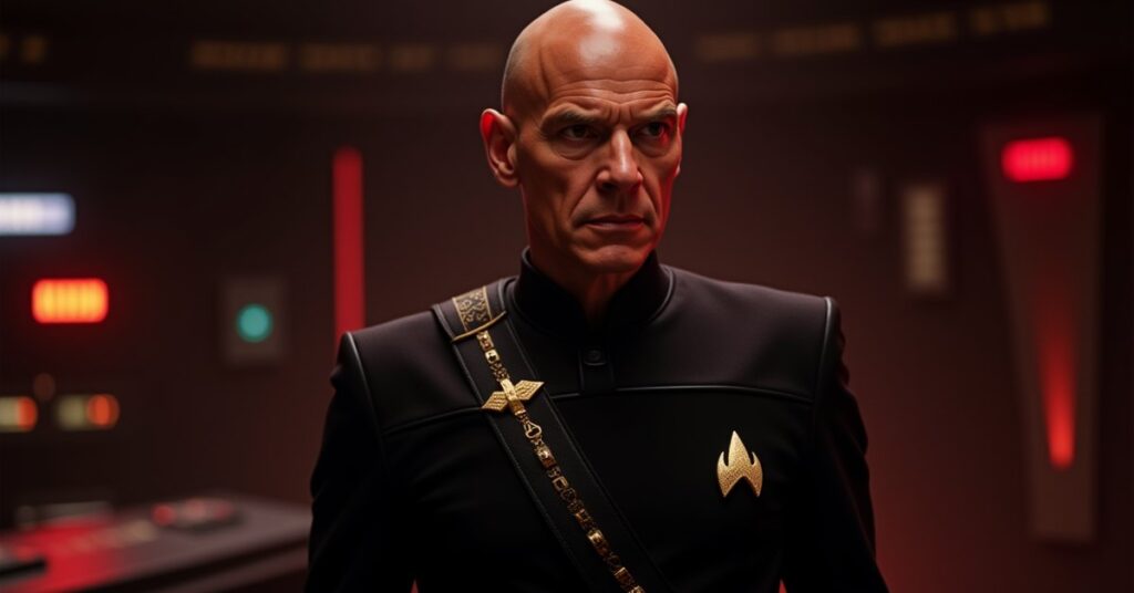 Mirror Picard from Star Trek Fleet Command, the Mirror Universe captain of the I.S.S. Enterprise-D in a battle-ready stance.