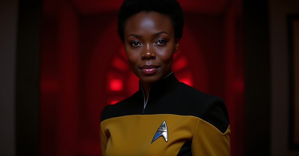 Mirror Uhura in Terran Empire gold uniform on the dim ISS Enterprise bridge, STFC officer card style portrait.