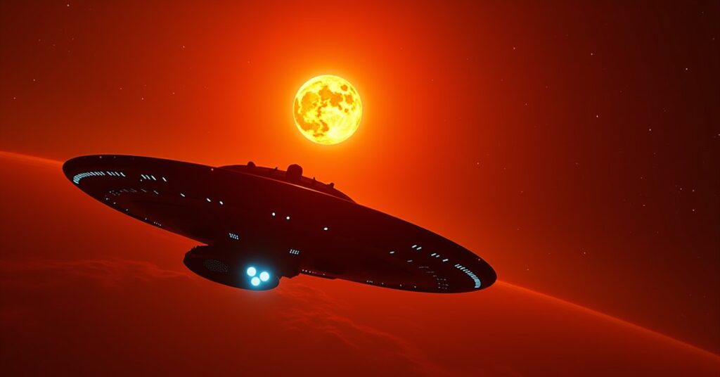 Mirror Universe Hostiles in Star Trek Fleet Command: the hostile warship with weapons charging.