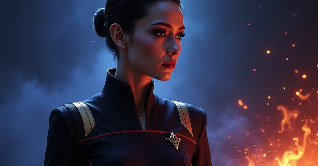 Miss Q officer portrait for Star Trek Fleet Command, in the style of an Explorer Retaliation Squad officer card.