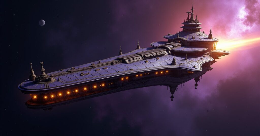 The Monaveen, a Hysperian Grade 4 battleship styled as a medieval castle spaceship, in Star Trek Fleet Command