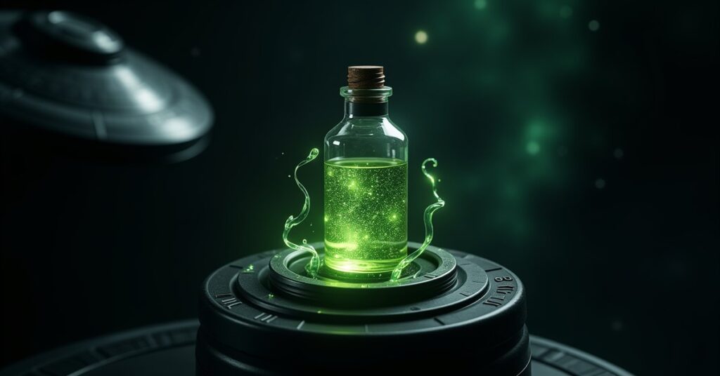 Morphogenic Virus Chaos Tech artifact key art, a Section 31 biological weapon vial glowing over a starship hull