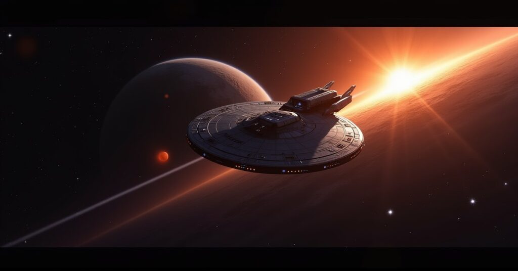 Mow’ga Survey Ship in Star Trek Fleet Command: the ship banking through a nebula, running lights lit.