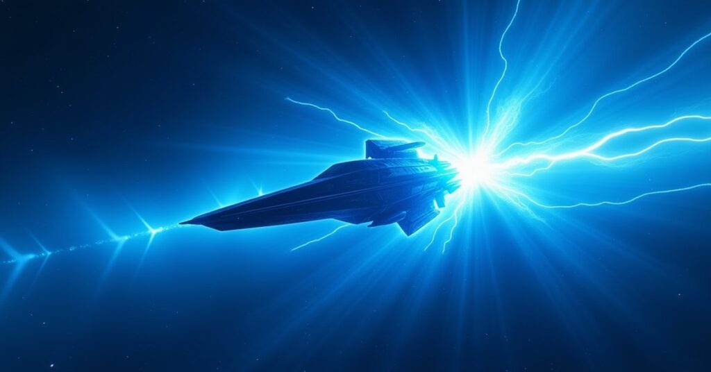 Starship at warp inside a glowing multiphasic energy field in deep space