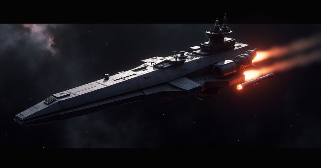 Nausicaan Battlebarge warship, a heavy armored mercenary vessel firing energy and kinetic weapons in deep space