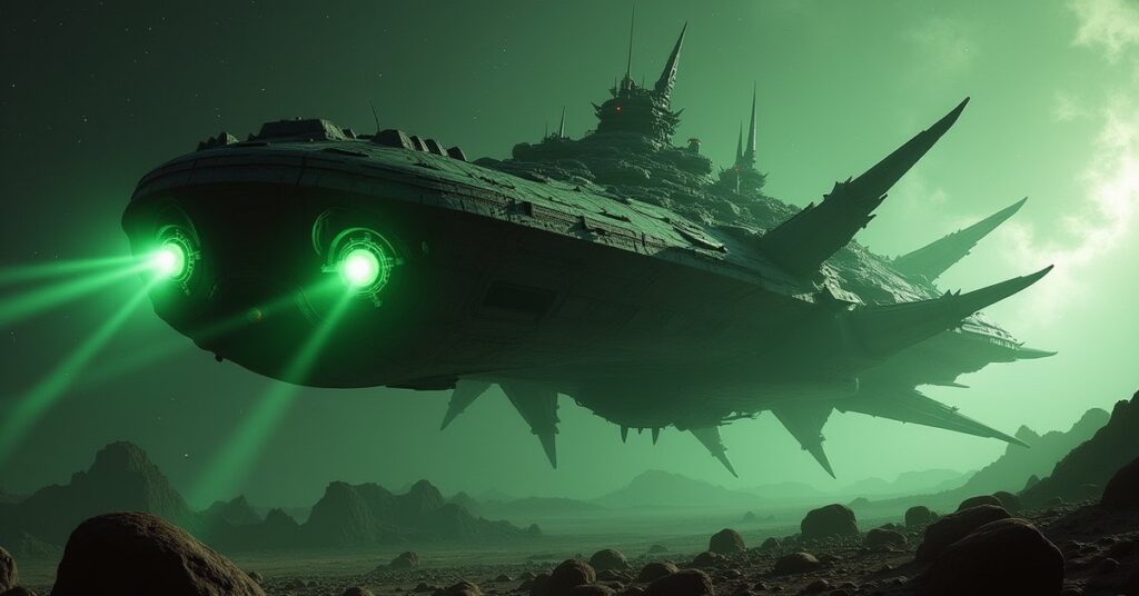 Negh'Var Klingon battleship firing disruptors above an asteroid field