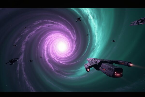 Jem'Hadar ships massing around a deep-space singularity as a lone Federation ship watches
