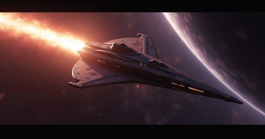 Nova Survey Ship in Star Trek Fleet Command: the ship banking through a nebula, running lights lit.