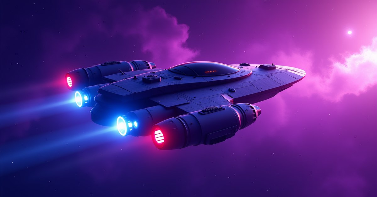 The NSEA Protector, an Epic grade 4 Explorer, firing particle cannons against a purple nebula in Star Trek Fleet Command.