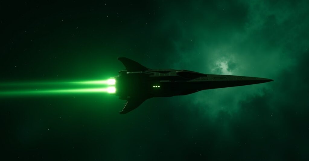 Orion Marauder raider ship from Star Trek Fleet Command firing green energy weapons in deep space