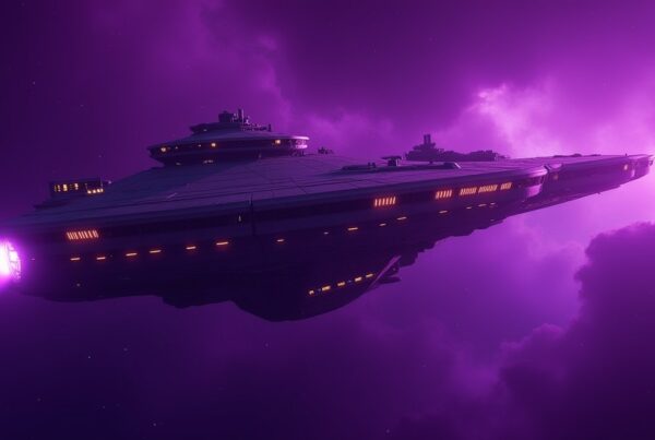 An alliance starbase in a violet plasma storm with harvesting arrays and shield modules glowing along its hull.