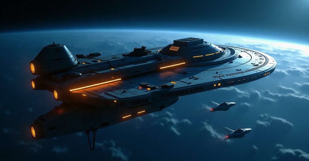 A Grade 3 starship in an orbital drydock being refitted under work lights above a planet.
