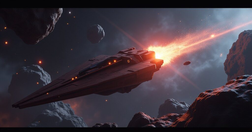Rare Chaos Tech artifact glowing over a Surveyor ship mining a resource-rich asteroid field in deep space