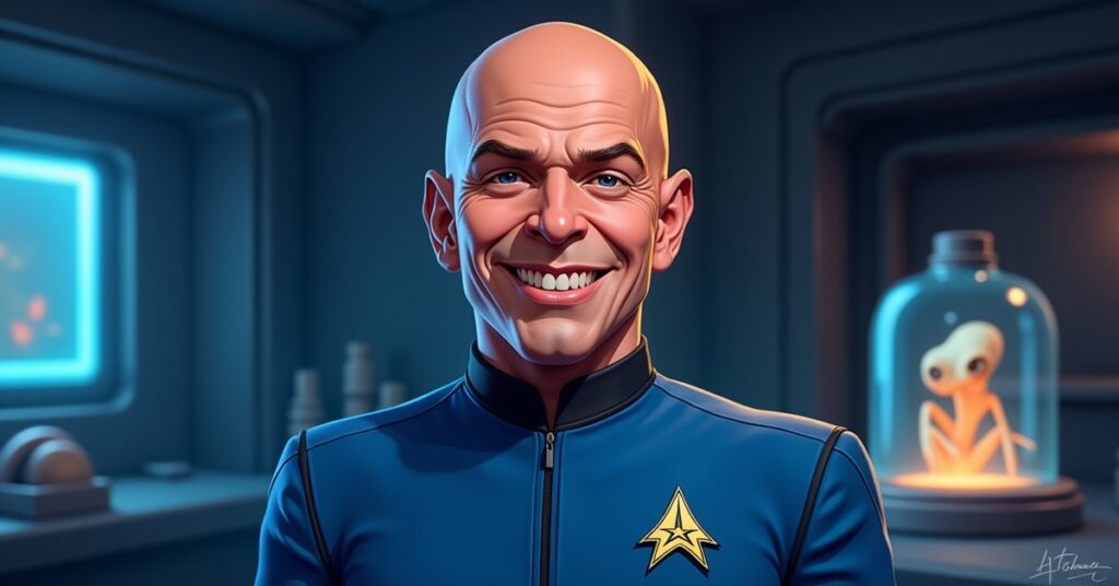 STFC officer card art of Phlox, the Denobulan doctor of the Enterprise NX-01, in his blue Starfleet uniform.