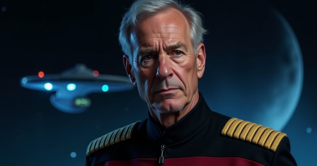 PIC Admiral Picard card art: older Jean-Luc Picard in command stance, lit against a dark Federation starfield.