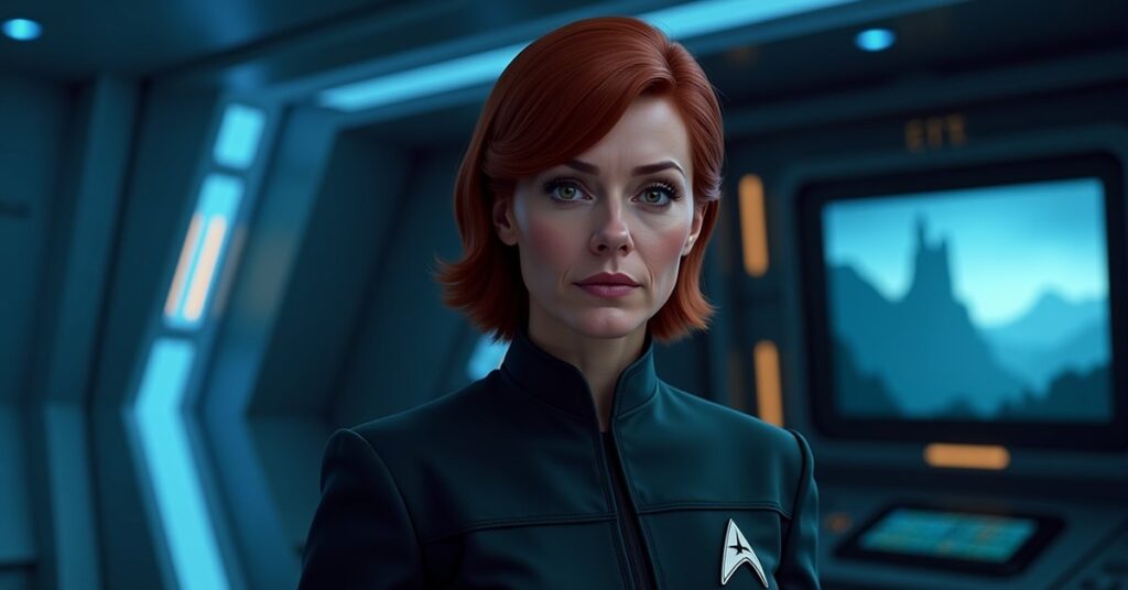 PIC Beverly Crusher in dark Mariposas-era coat on a starship bridge, ready for combat in Star Trek Fleet Command.