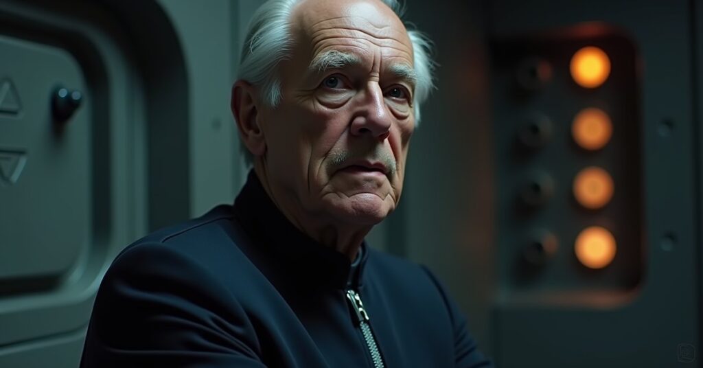 Portrait of PIC Hugh as a calm Ex-Borg officer with faint implants, lit by cool blue light against a Borg cube interior.