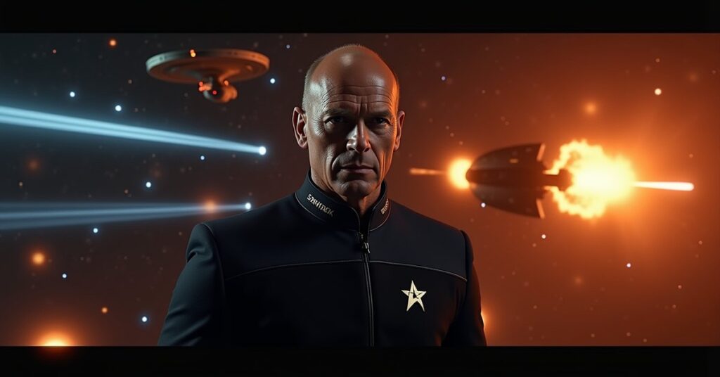 PIC Riker officer card: Will Riker in his late-career Starfleet uniform against a ship combat backdrop.