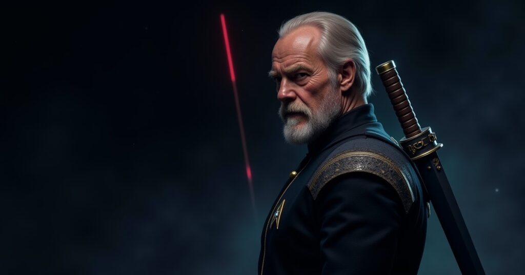 Stylized Star Trek Fleet Command officer card art of an older PIC-era Worf with a curved sword.