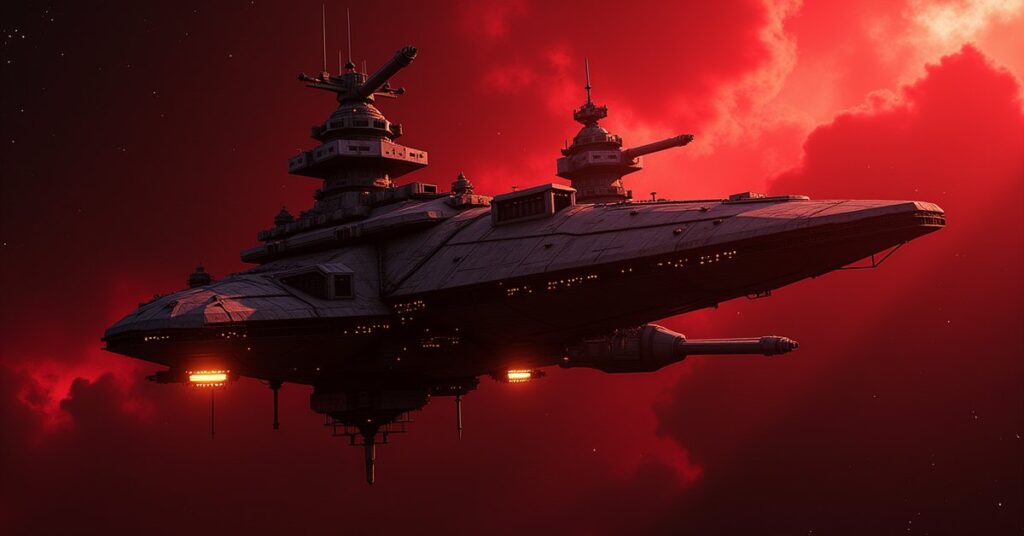 Fortified pirate space station bristling with weapon turrets in a dark nebula, STFC key art style