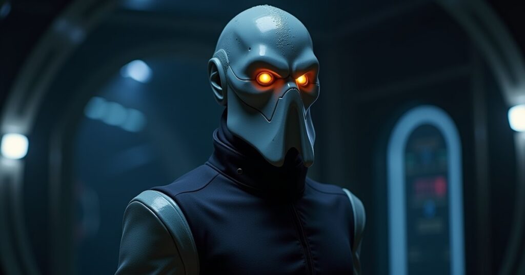 Breen officer Pon in a refrigeration suit and snout-shaped helmet, in Star Trek Fleet Command officer card art.