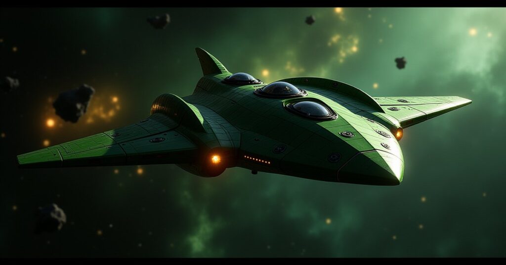 Romulan Praefortis warbird decloaking in deep space, STFC key-art style