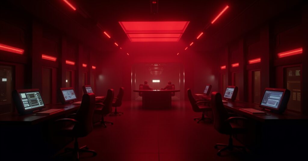 Cardassian station control room under red alert, evoking the Counterplay Device in Star Trek Fleet Command