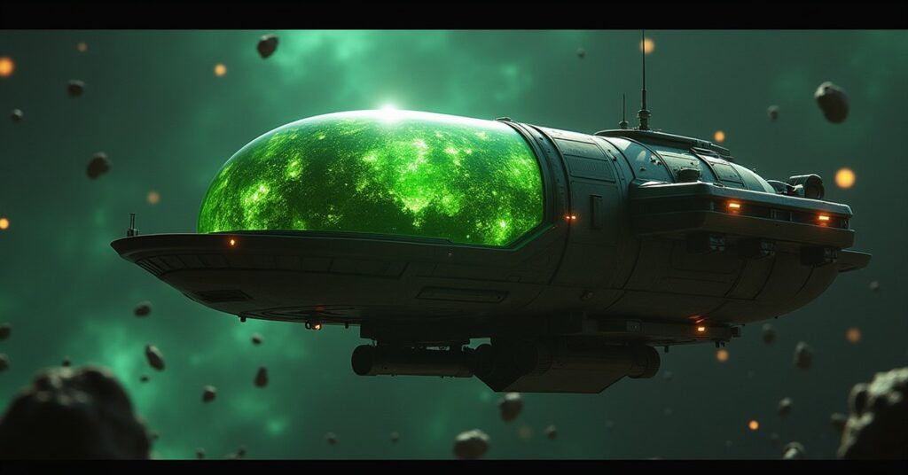 Key art of the Harvester Forbidden Tech artifact glowing above a Survey mining ship in deep space