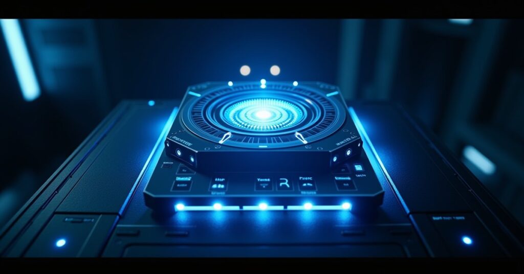 Star Trek Fleet Command M-5 Multitronic Unit Forbidden Tech artifact glowing on a starship command console