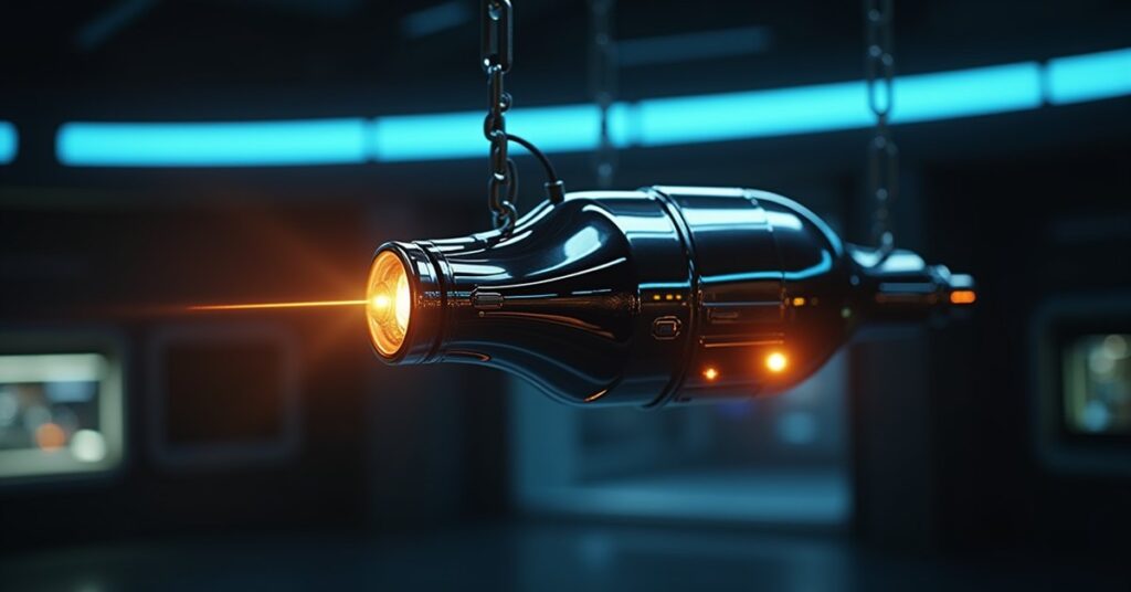 Epic Forbidden Tech artifact glowing amber, a menacing neural device in a starship chamber, Star Trek key-art style