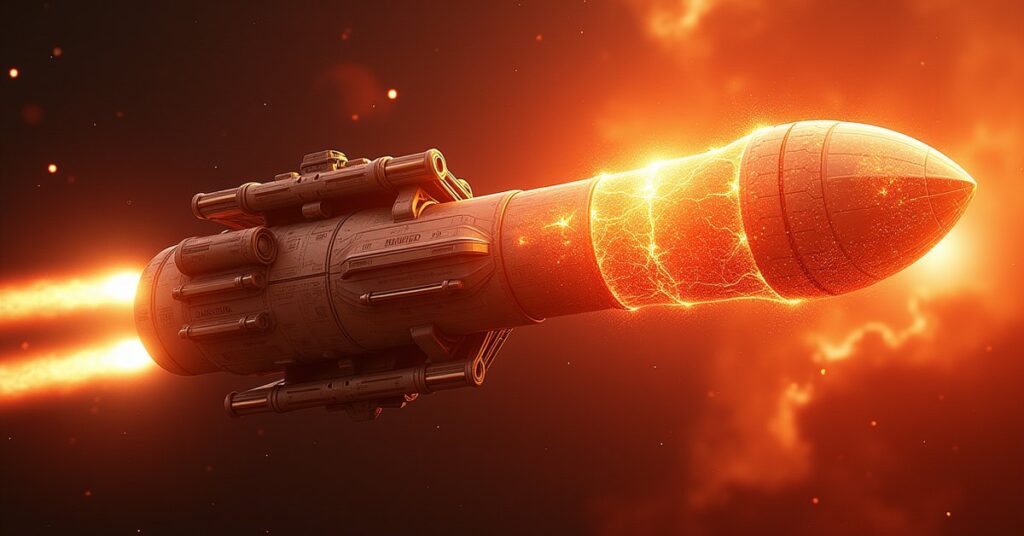 Key art of the Photonic Warhead Forbidden Tech artifact glowing on a Federation ship in an armada battle