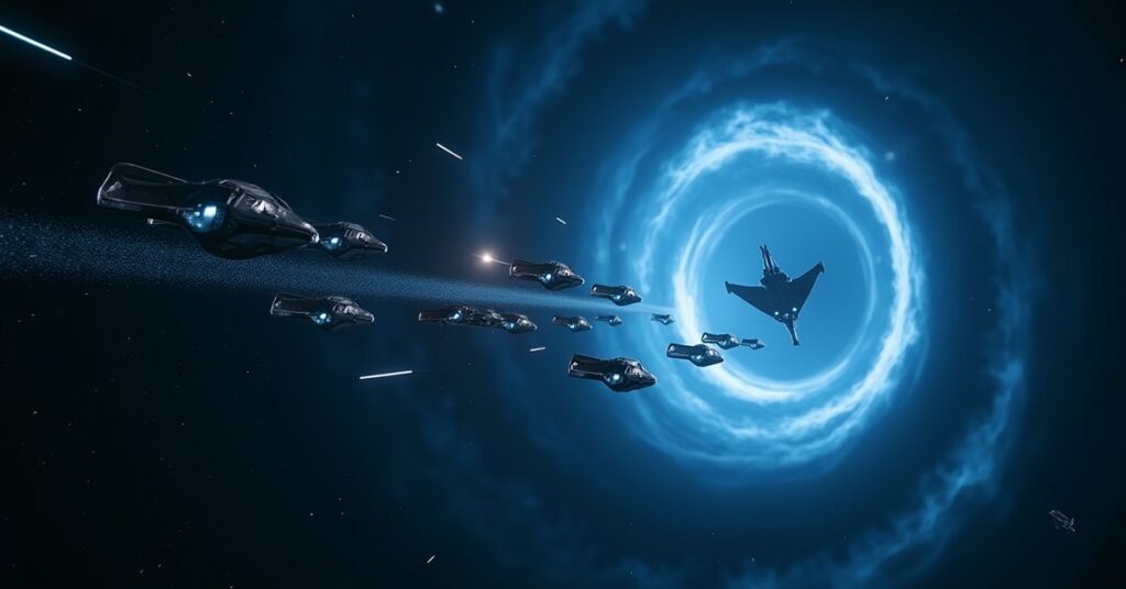 Self-Replicating Mines forming a glowing defensive net near a wormhole, an Epic Forbidden Tech in STFC