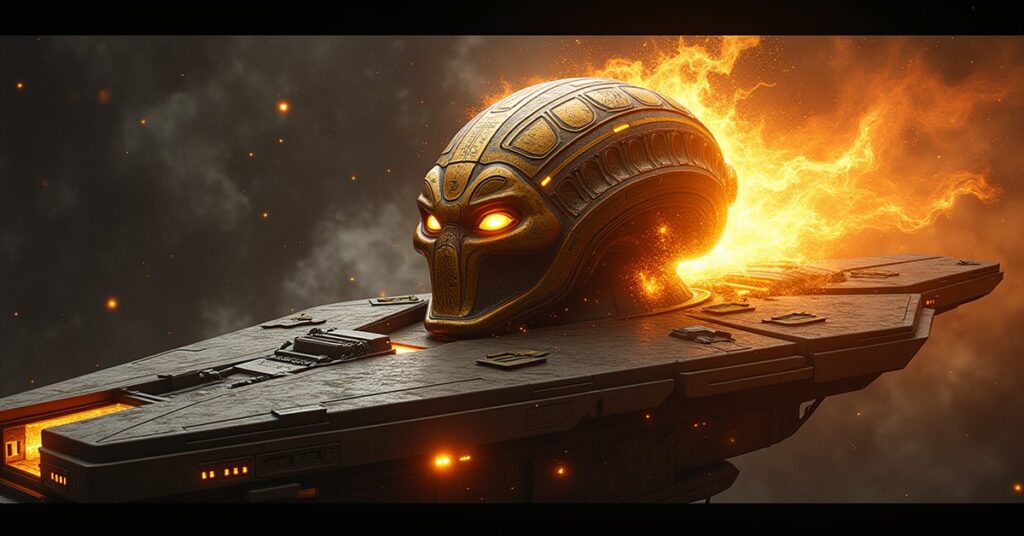 Ancient alien knowledge-helmet artifact glowing on the bridge of a Klingon-Romulan warship in deep space