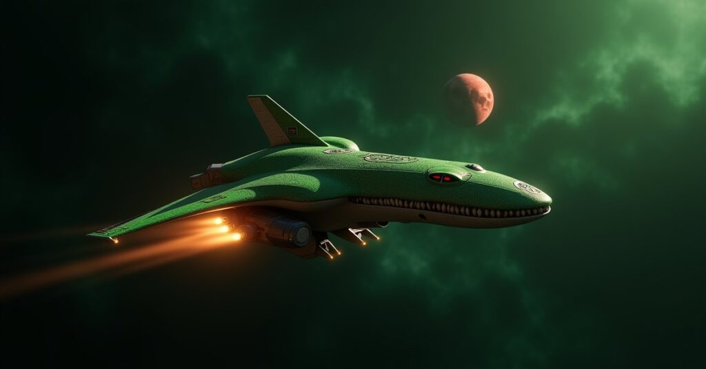 Pteran, an Explorer-class Gorn Hunting Pack hostile ship from Star Trek Fleet Command, gliding through dark space