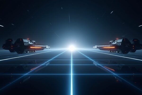 Two starship fleets facing off across a glowing boundary line, showing how PvP level bands separate opponents.