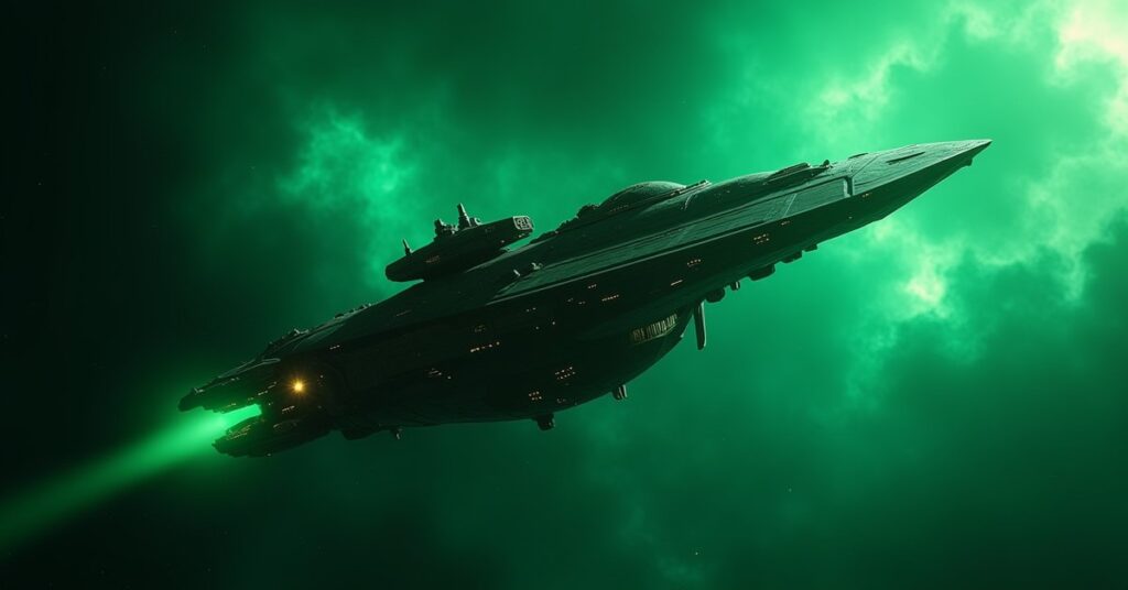 Origin Sector Quantum Adjudicator 3 hostile ship banking near a Gamma-system nebula, game key-art style