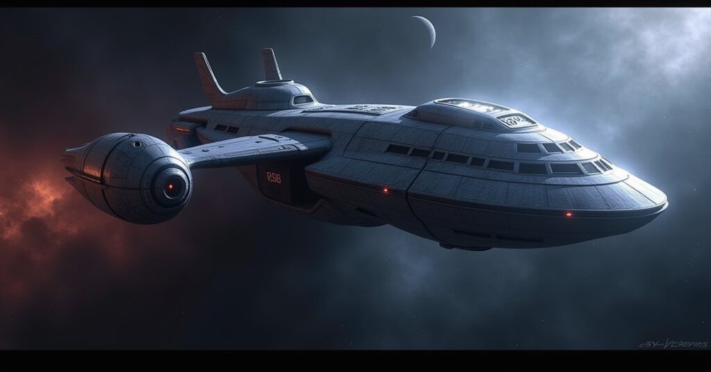 Quantum Guardian 1, an Origin Sector Survey-class hostile ship glowing with Q Continuum energy in deep space
