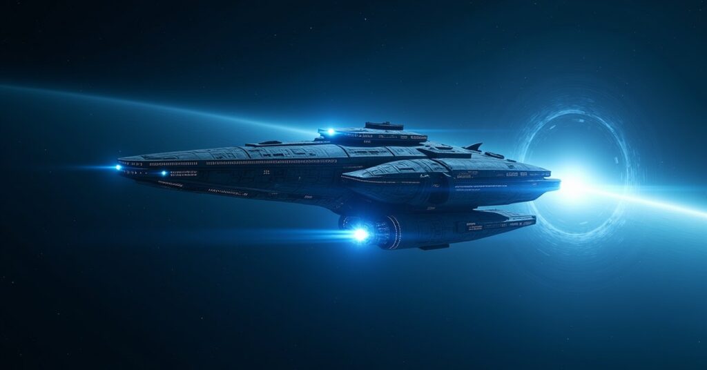 A glowing Survey-class Quantum Guardian ship from Star Trek Fleet Command adrift in a starfield