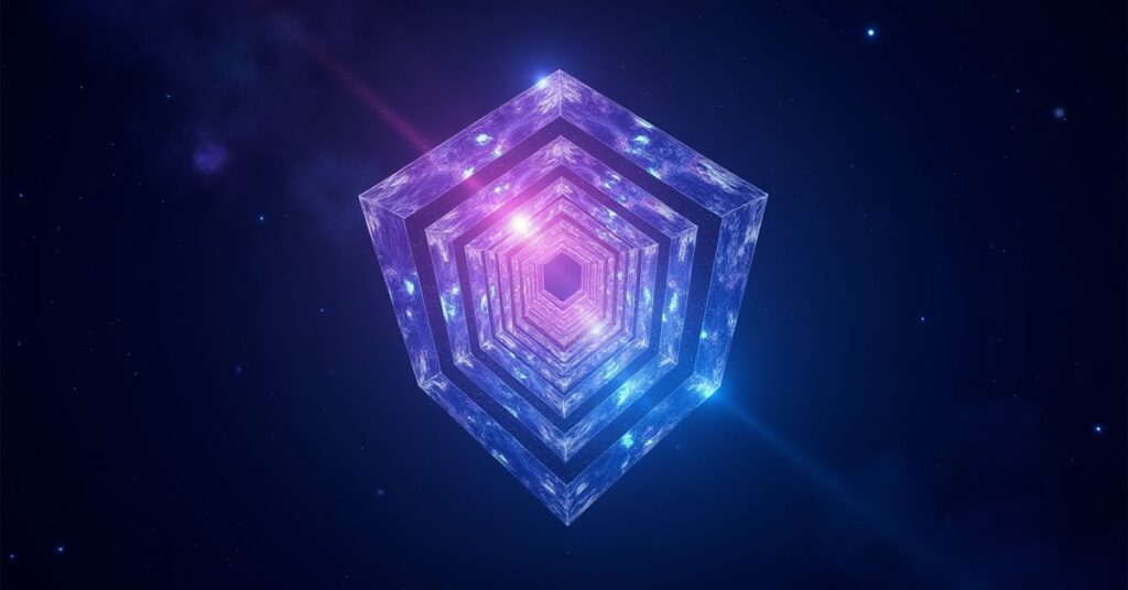 Quantum Tesseract 2, a glowing four-dimensional crystalline armada structure adrift in the Origin Sector star field